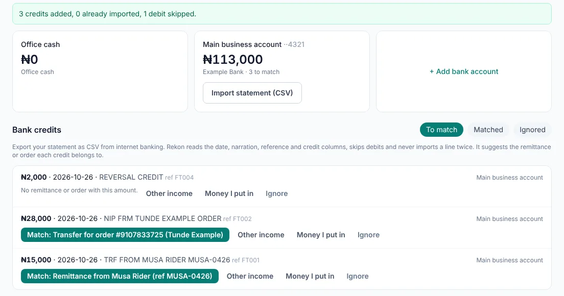 Rekon bank credits with suggested matches to a rider remittance and a customer transfer