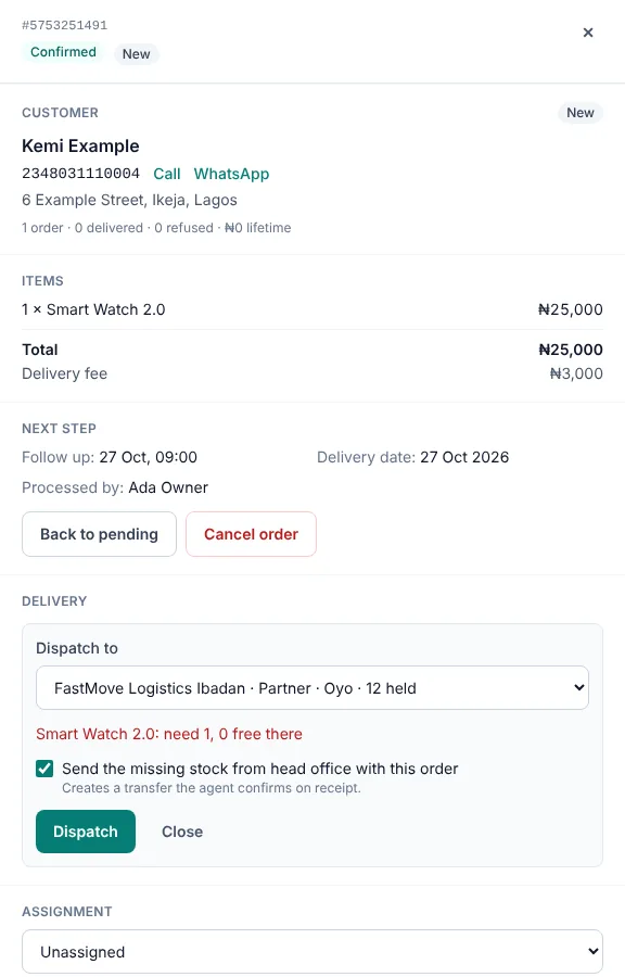 Rekon dispatch form showing stock available at the chosen rider and an option to send missing stock from head office