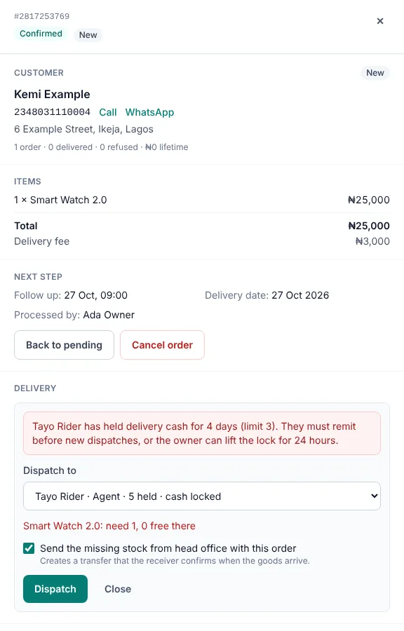 Rekon refusing to dispatch to a rider who has held delivery cash for 4 days