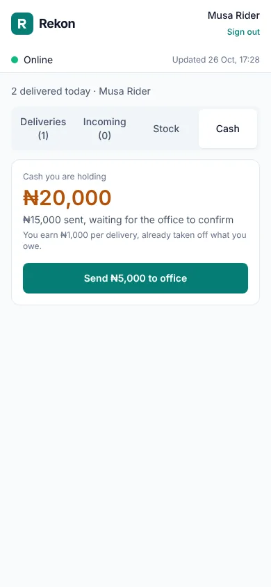 Rekon rider app showing cash held and a button to send it to the office