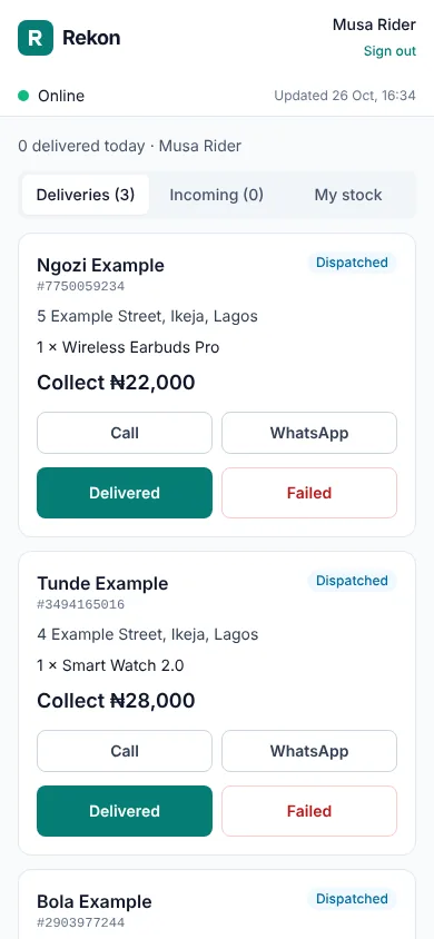 Rekon rider app listing today’s deliveries with amount to collect, call and WhatsApp buttons