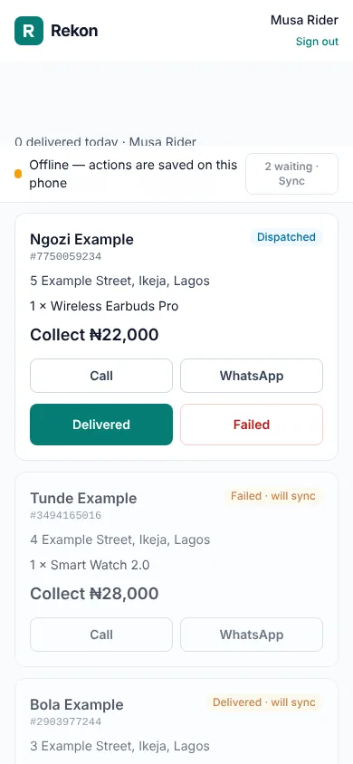 Rekon rider app offline with actions saved on the phone waiting to sync