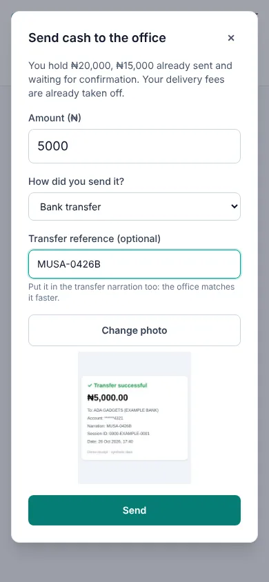 Rekon rider sending ₦5,000 to the office with a transfer reference and receipt photo