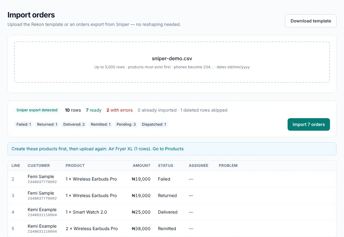Rekon import preview of a Sniper export: rows ready, rows with errors and products to create first