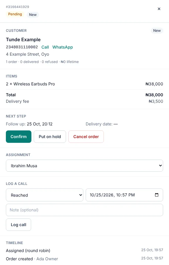 Rekon order details with customer history, call log and next follow-up