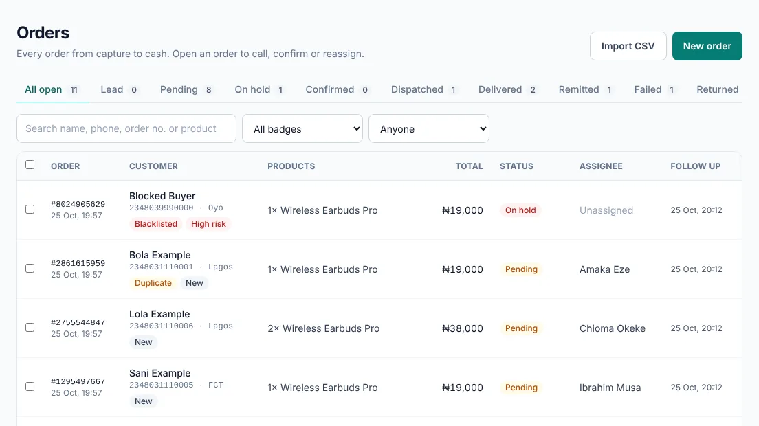 Rekon orders list with status tabs, risk badges and the assigned call rep for each order