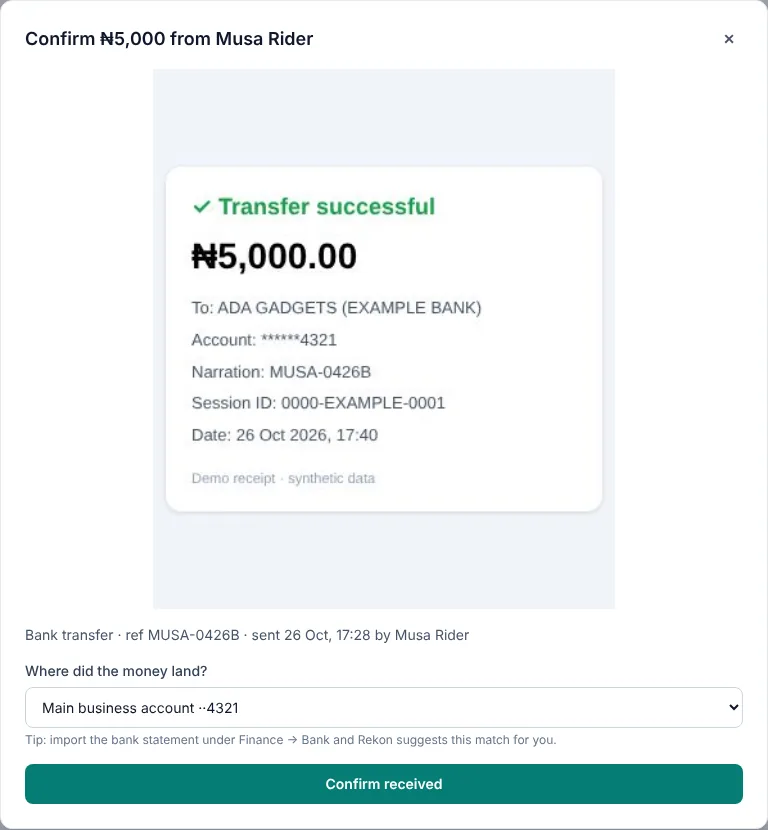 Confirming a ₦5,000 remittance with a photo of the transfer receipt and the account it landed in